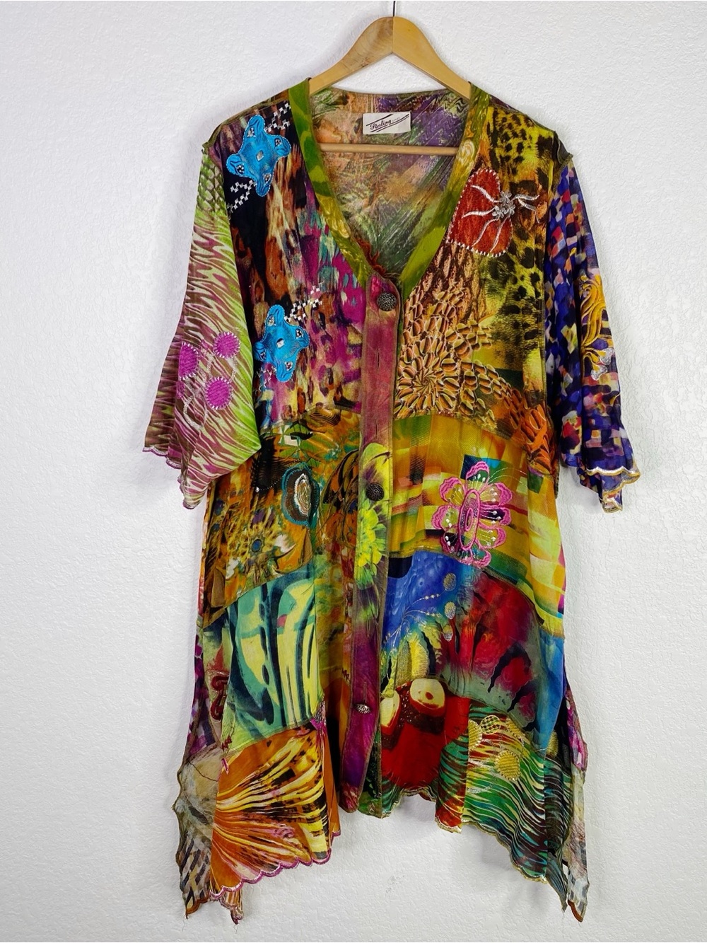 Vintage Sterling Styles Artisan Silk Embroidered Multi Colored Tunic Blouse